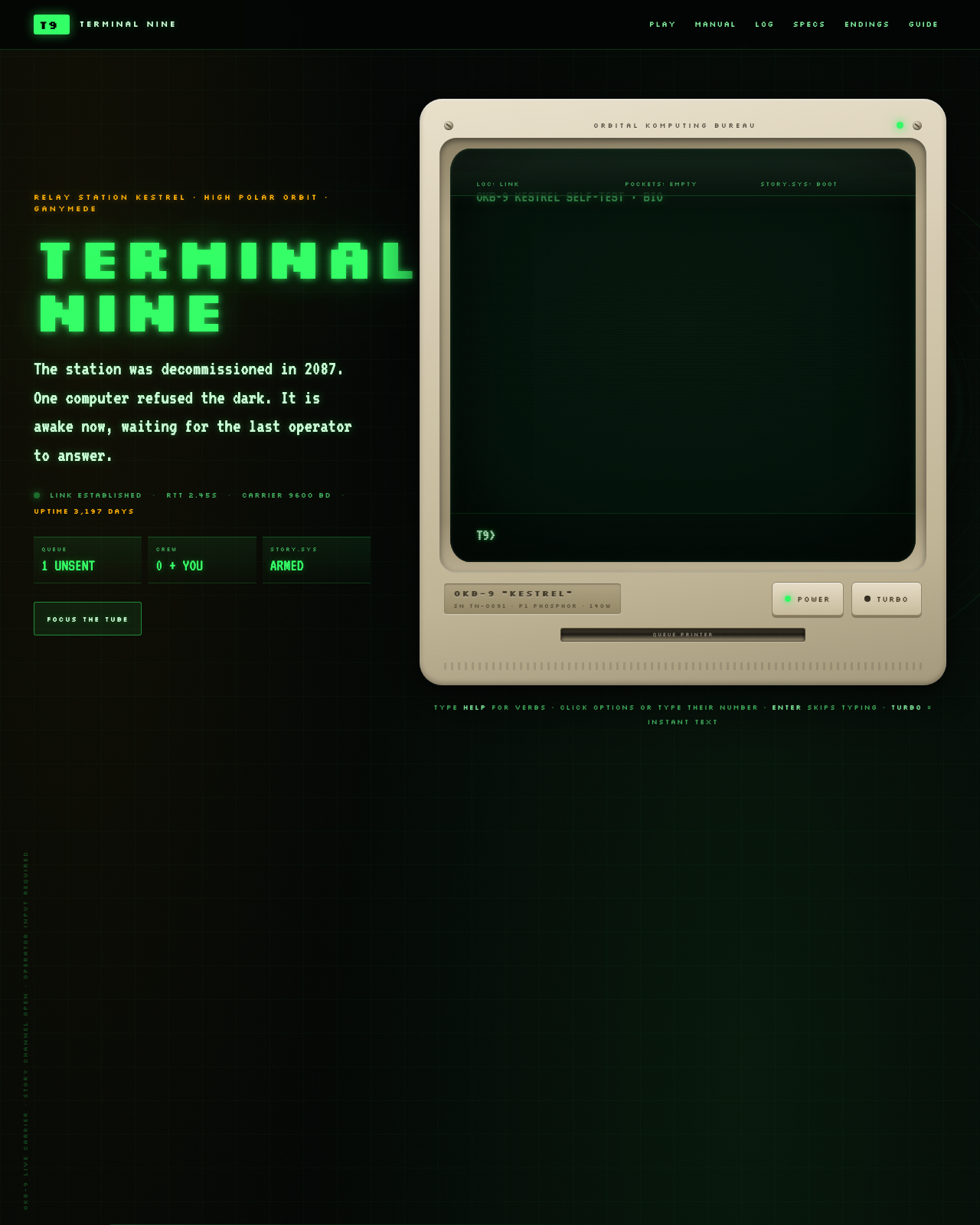 Live view of TERMINAL NINE — a decommissioned station computer, still running one story