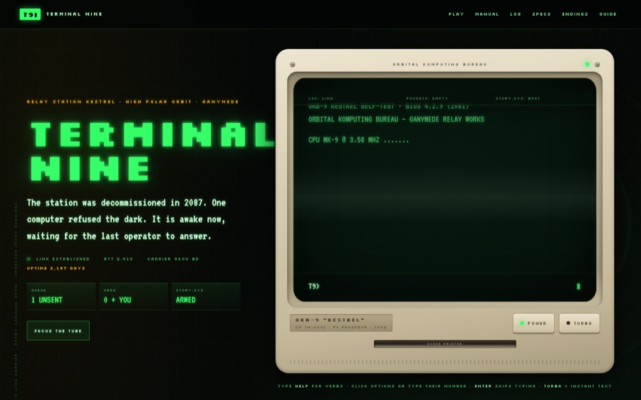 TERMINAL NINE — a decommissioned station computer, still running one story — CSS-only CRT