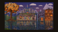 Hearthvale: a pixel-art fantasy kingdom with a golden tree, a castle on a rock and a lake