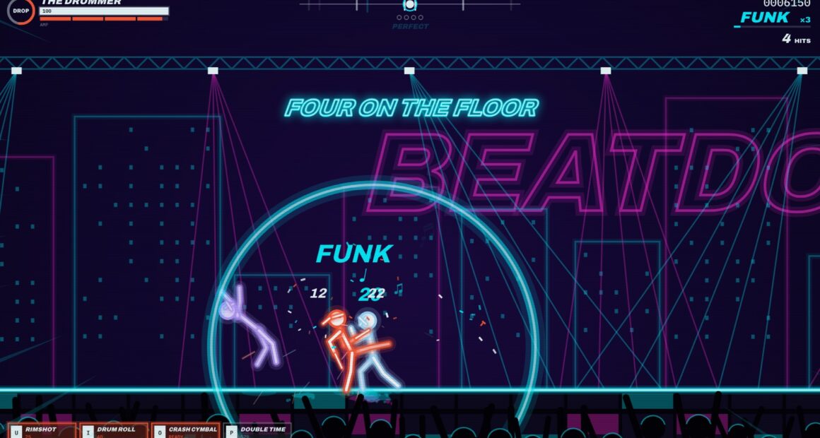 FOUR ON THE FLOOR banner over a neon fight with confetti and a shockwave