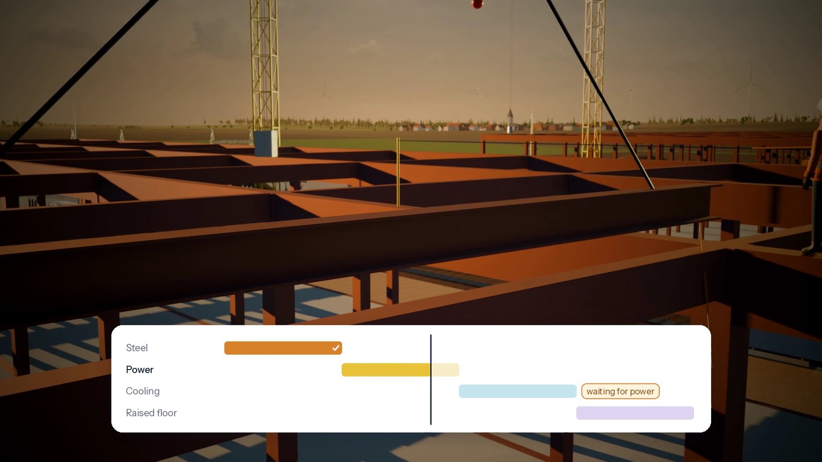 Steel frame of a fictional data hall under construction with an overlay chart of four trades, cooling marked waiting for power